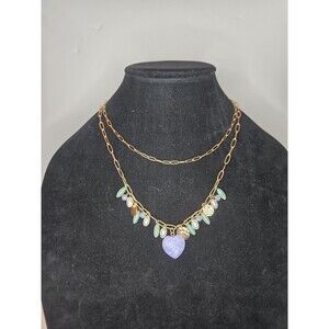 Gold Tone Double Strand Necklace Time and Tru Beaded with Purple Heart Pendant